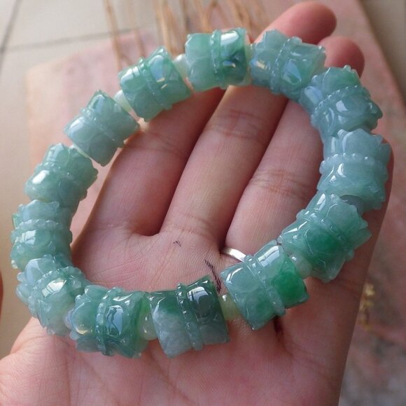 Certified Green 100% Natural A JADE Jadeite Beads Bangle Flower Bracelet 433889 - Picture 3 of 7